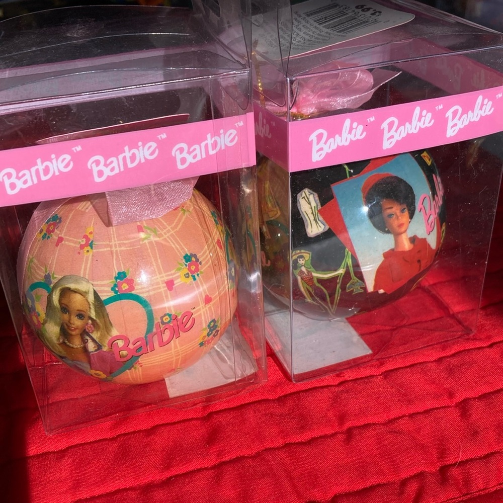 NRFB BARBIE ORNAMENTS (2) by Mattel pink bkgrd and blk bkgrd $28 pr